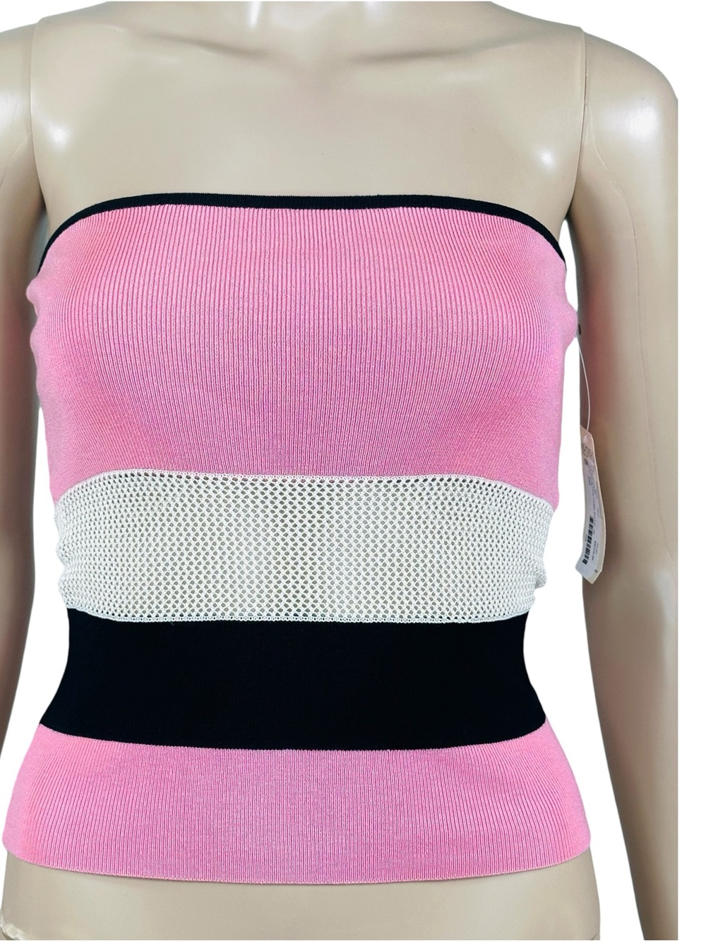 VTG Y2K XOXO Ribbed Knit Tube Top Pink Black White Mesh Stripe Bandeau Size M
